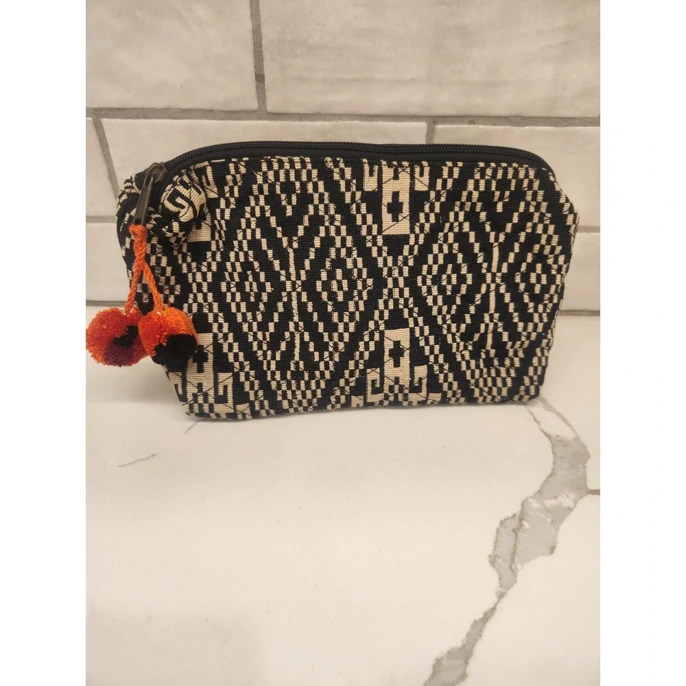 Lovestitch Black and Cream Colorful Pom Poms Boho Makeup Bag Pouch Made in India